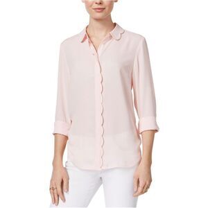 maison Jules Womens Scallop-Detail Button Up Shirt, Pink, NWT